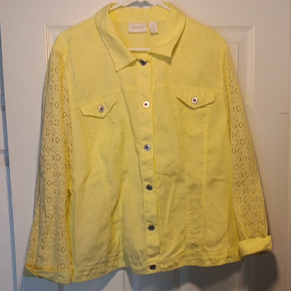 Chico's Vibrant Yellow 100% Linen Sleeve 73% Cotton Jacket with Lace Sleeves